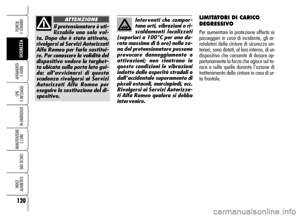 Alfa Romeo Brera/Spider 2006 Libretto Uso Manutenzione (in Italian) 120
SICUREZZA SPIE
E MESSAGGI
IN EMERGENZA
MANUTENZIONE
E CURA
DATI TECNICI
INDICE
ALFABETICO
PLANCIA
E COMANDI
AVVIAMENTO
E GUIDA
Il pretensionatore è uti-
lizzabile una sola vol-
ta. Dopo che Alfa Romeo Brera/Spider 2006 Libretto Uso Manutenzione (in Italian) 120
SICUREZZA SPIE
E MESSAGGI
IN EMERGENZA
MANUTENZIONE
E CURA
DATI TECNICI
INDICE
ALFABETICO
PLANCIA
E COMANDI
AVVIAMENTO
E GUIDA
Il pretensionatore è uti-
lizzabile una sola vol-
ta. Dopo che