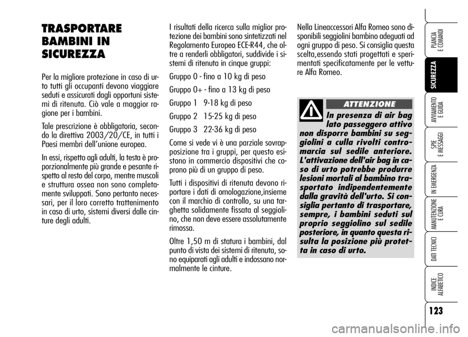 Alfa Romeo Brera/Spider 2006 Libretto Uso Manutenzione (in Italian) 123
SICUREZZA
SPIE
E MESSAGGI
IN EMERGENZA
MANUTENZIONE
E CURA
DATI TECNICI
INDICE
ALFABETICO
PLANCIA
E COMANDI
AVVIAMENTO
E GUIDA
I risultati della ricerca sulla miglior pro-
tezione dei bambini Alfa Romeo Brera/Spider 2006 Libretto Uso Manutenzione (in Italian) 123
SICUREZZA
SPIE
E MESSAGGI
IN EMERGENZA
MANUTENZIONE
E CURA
DATI TECNICI
INDICE
ALFABETICO
PLANCIA
E COMANDI
AVVIAMENTO
E GUIDA
I risultati della ricerca sulla miglior pro-
tezione dei bambini