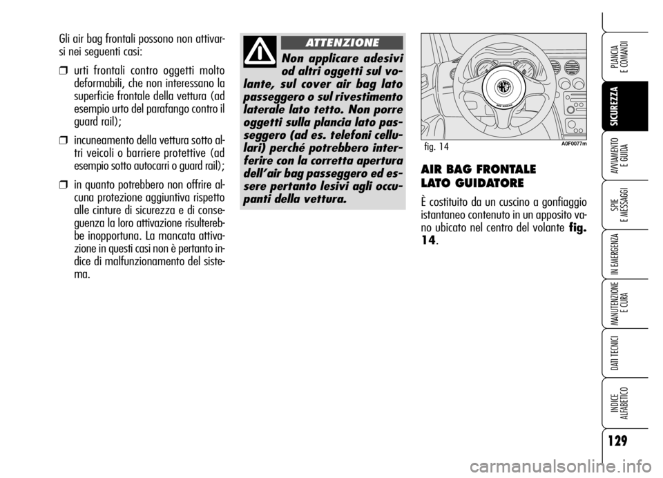 Alfa Romeo Brera/Spider 2006  Libretto Uso Manutenzione (in Italian) 129
SICUREZZA
SPIE 
E MESSAGGI
IN EMERGENZA
MANUTENZIONE
E CURA
DATI TECNICI
INDICE 
ALFABETICO
PLANCIA 
E COMANDI
AVVIAMENTO 
E GUIDAAIR BAG FRONTALE 
LATO GUIDATORE
È costituito da un cuscino a gon