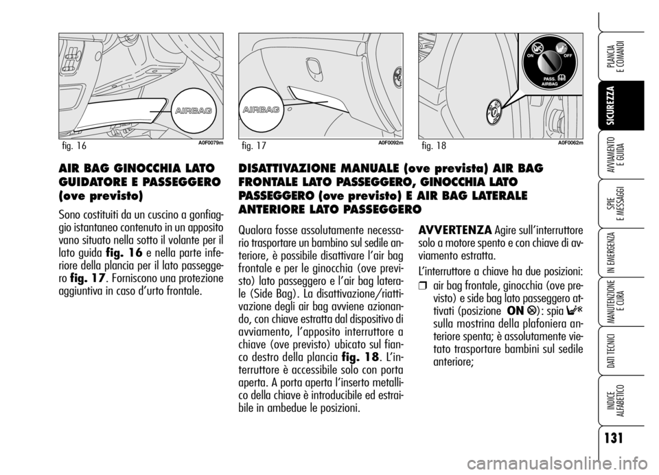 Alfa Romeo Brera/Spider 2006  Libretto Uso Manutenzione (in Italian) 131
SICUREZZA
SPIE 
E MESSAGGI
IN EMERGENZA
MANUTENZIONE
E CURA
DATI TECNICI
INDICE 
ALFABETICO
PLANCIA 
E COMANDI
AVVIAMENTO 
E GUIDADISATTIVAZIONE MANUALE (ove prevista) AIR BAG 
FRONTALE LATO PASSE