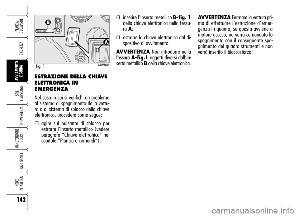 Alfa Romeo Brera/Spider 2006  Libretto Uso Manutenzione (in Italian) 142
SICUREZZA
SPIE 
E MESSAGGI
IN EMERGENZA
MANUTENZIONE
E CURA 
DATI TECNICI
INDICE 
ALFABETICO
PLANCIA 
E COMANDI
AVVIAMENTO 
E GUIDA
❒inserire l’inserto metallico B-fig. 1
della chiave elettron