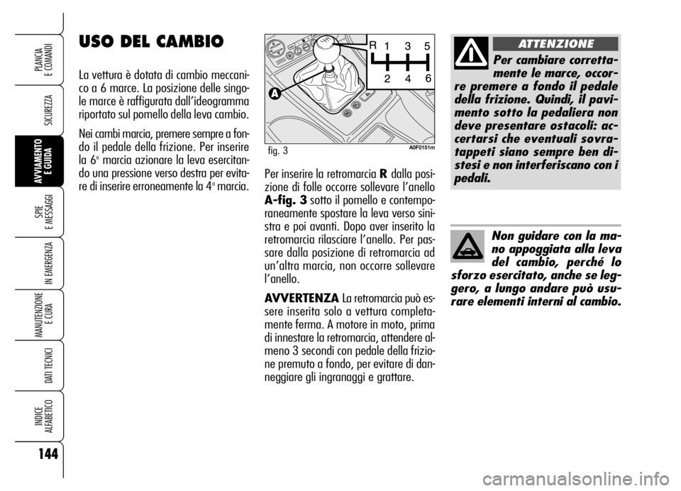 Alfa Romeo Brera/Spider 2006  Libretto Uso Manutenzione (in Italian) 144
SICUREZZA
SPIE 
E MESSAGGI
IN EMERGENZA
MANUTENZIONE
E CURA 
DATI TECNICI
INDICE 
ALFABETICO
PLANCIA 
E COMANDI
AVVIAMENTO 
E GUIDAPer inserire la retromarcia R dalla posi-
zione di folle occorre 