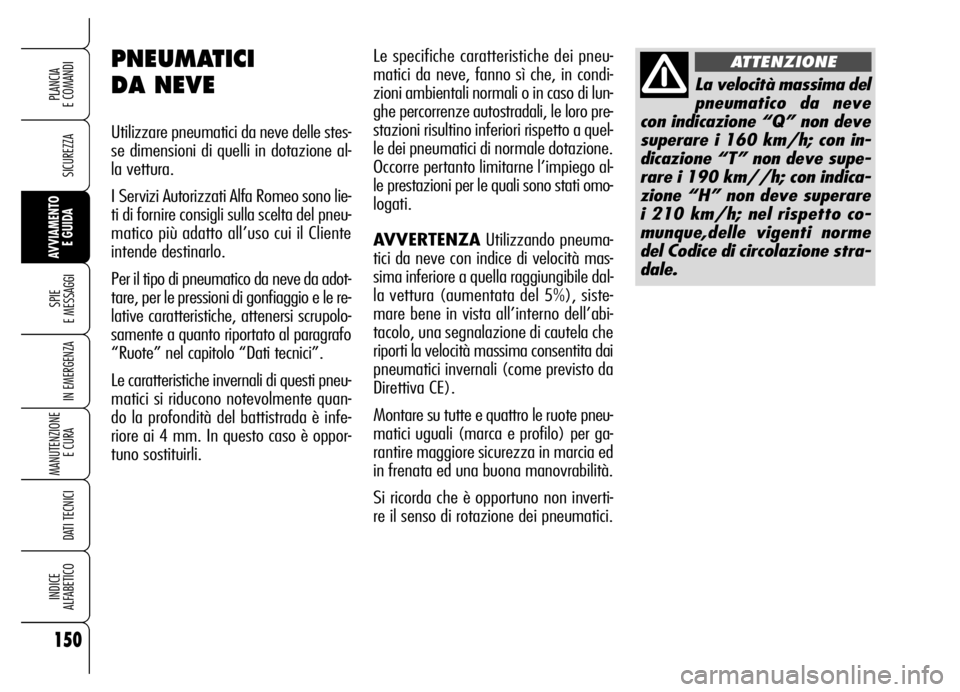 Alfa Romeo Brera/Spider 2006  Libretto Uso Manutenzione (in Italian) 150
SICUREZZA
SPIE 
E MESSAGGI
IN EMERGENZA
MANUTENZIONE
E CURA 
DATI TECNICI
INDICE 
ALFABETICO
PLANCIA 
E COMANDI
AVVIAMENTO 
E GUIDA
Le specifiche caratteristiche dei pneu-
matici da neve, fanno s