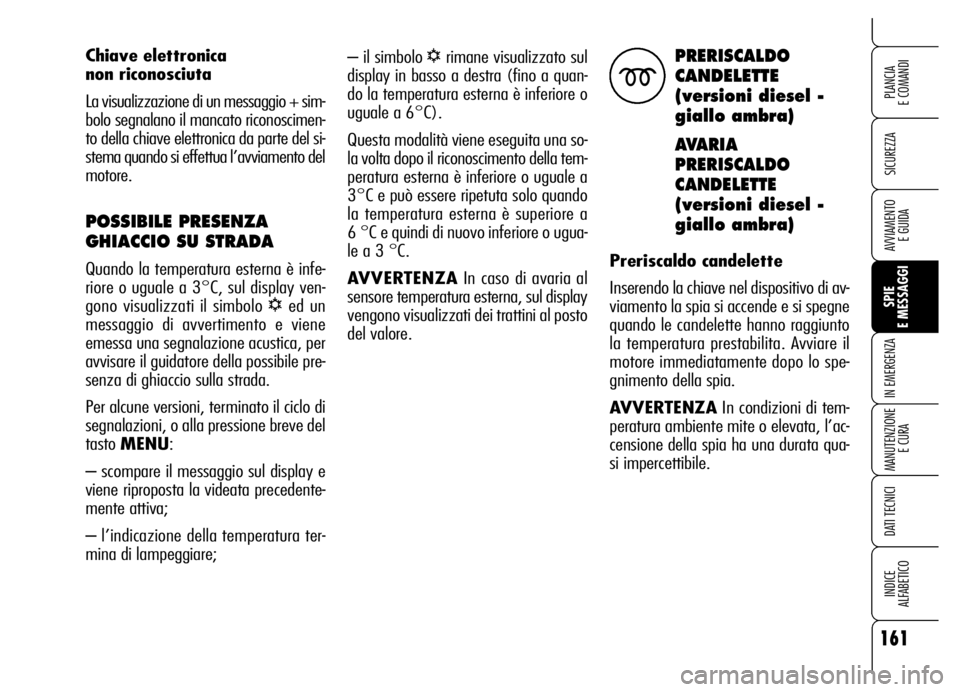 Alfa Romeo Brera/Spider 2006  Libretto Uso Manutenzione (in Italian) 161
SICUREZZA
SPIE 
E MESSAGGI IN EMERGENZA
MANUTENZIONE
E CURA
DATI TECNICI
INDICE 
ALFABETICO
PLANCIA 
E COMANDI
AVVIAMENTO 
E GUIDA
– il simbolo √rimane visualizzato sul
display in basso a dest
