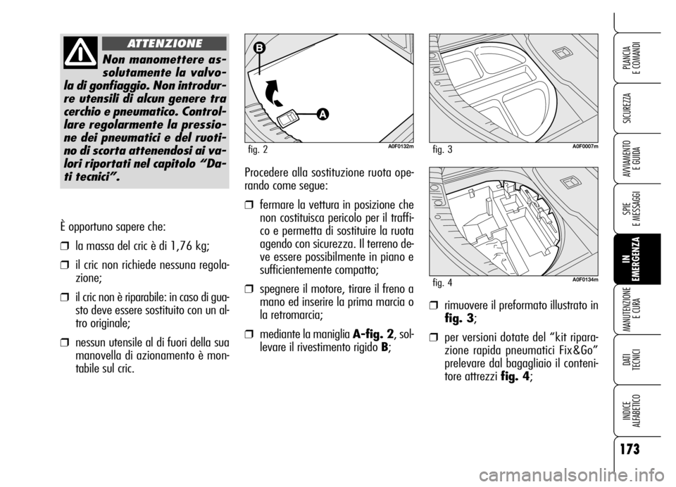 Alfa Romeo Brera/Spider 2006  Libretto Uso Manutenzione (in Italian) 173
SICUREZZA
SPIE 
E MESSAGGI
IN 
EMERGENZA MANUTENZIONE
E CURA
DATI 
TECNICI
INDICE 
ALFABETICO
PLANCIA 
E COMANDI
AVVIAMENTO 
E GUIDA
È opportuno sapere che:
❒la massa del cric è di 1,76 kg; 
