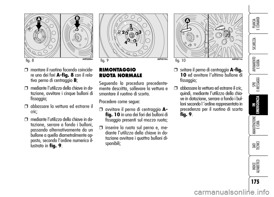 Alfa Romeo Brera/Spider 2006  Libretto Uso Manutenzione (in Italian) 175
SICUREZZA
SPIE 
E MESSAGGI
IN 
EMERGENZA MANUTENZIONE
E CURA
DATI 
TECNICI
INDICE 
ALFABETICO
PLANCIA 
E COMANDI
AVVIAMENTO 
E GUIDA❒montare il ruotino facendo coincide-
re uno dei fori A-fig. 8