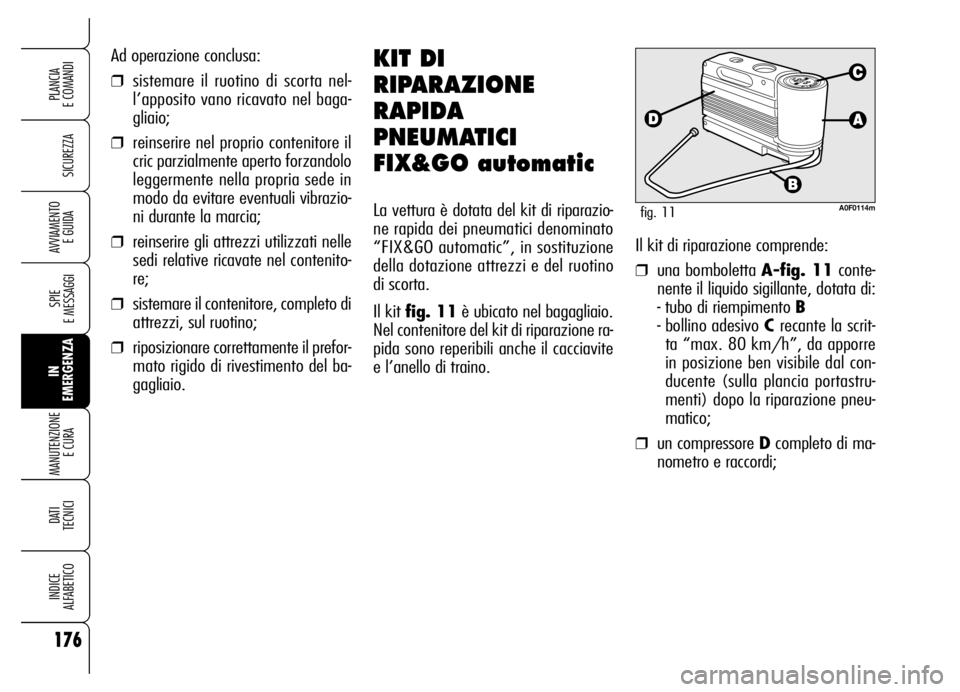 Alfa Romeo Brera/Spider 2006  Libretto Uso Manutenzione (in Italian) 176
SICUREZZA
SPIE 
E MESSAGGI
IN
EMERGENZA MANUTENZIONE
E CURA 
DATI
TECNICI
INDICE 
ALFABETICO
PLANCIA 
E COMANDI
AVVIAMENTO 
E GUIDA
Ad operazione conclusa:
❒sistemare il ruotino di scorta nel-
l