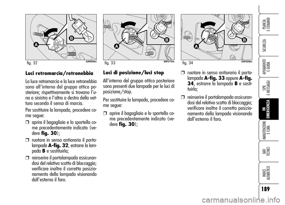 Alfa Romeo Brera/Spider 2006  Libretto Uso Manutenzione (in Italian) 189
SICUREZZA
SPIE 
E MESSAGGI
IN 
EMERGENZA MANUTENZIONE
E CURA
DATI 
TECNICI
INDICE 
ALFABETICO
PLANCIA 
E COMANDI
AVVIAMENTO 
E GUIDALuci retromarcia/retronebbia
La luce retromarcia e la luce retro