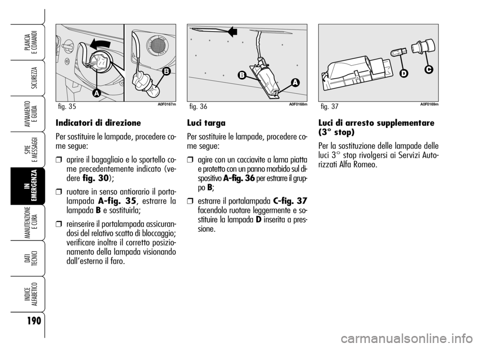 Alfa Romeo Brera/Spider 2006  Libretto Uso Manutenzione (in Italian) 190
SICUREZZA
SPIE 
E MESSAGGI
IN
EMERGENZA MANUTENZIONE
E CURA 
DATI
TECNICI
INDICE 
ALFABETICO
PLANCIA 
E COMANDI
AVVIAMENTO 
E GUIDAIndicatori di direzione
Per sostituire le lampade, procedere co-
