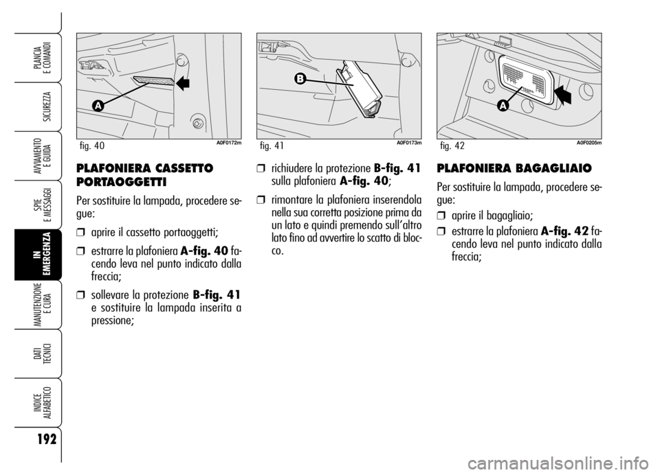 Alfa Romeo Brera/Spider 2006  Libretto Uso Manutenzione (in Italian) 192
SICUREZZA
SPIE 
E MESSAGGI
IN
EMERGENZA MANUTENZIONE
E CURA 
DATI
TECNICI
INDICE 
ALFABETICO
PLANCIA 
E COMANDI
AVVIAMENTO 
E GUIDA❒richiudere la protezione B-fig. 41
sulla plafonieraA-fig. 40;
