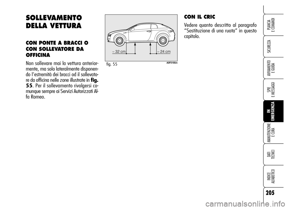Alfa Romeo Brera/Spider 2006 Libretto Uso Manutenzione (in Italian) 205
SICUREZZA
SPIE
E MESSAGGI
IN
EMERGENZA MANUTENZIONE
E CURA
DATI
TECNICI
INDICE
ALFABETICO
PLANCIA
E COMANDI
AVVIAMENTO
E GUIDA
SOLLEVAMENTO
DELLA VETTURA
CON PONTE A BRACCI O
CON SOLLEVATORE Alfa Romeo Brera/Spider 2006 Libretto Uso Manutenzione (in Italian) 205
SICUREZZA
SPIE
E MESSAGGI
IN
EMERGENZA MANUTENZIONE
E CURA
DATI
TECNICI
INDICE
ALFABETICO
PLANCIA
E COMANDI
AVVIAMENTO
E GUIDA
SOLLEVAMENTO
DELLA VETTURA
CON PONTE A BRACCI O
CON SOLLEVATORE