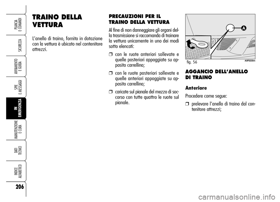 Alfa Romeo Brera/Spider 2006 Libretto Uso Manutenzione (in Italian) 206
SICUREZZA
SPIE
E MESSAGGI
IN
EMERGENZA MANUTENZIONE
E CURA
DATI
TECNICI
INDICE
ALFABETICO
PLANCIA
E COMANDI
AVVIAMENTO
E GUIDA
TRAINO DELLA
VETTURA
L’anello di traino, fornito in dotazione
Alfa Romeo Brera/Spider 2006 Libretto Uso Manutenzione (in Italian) 206
SICUREZZA
SPIE
E MESSAGGI
IN
EMERGENZA MANUTENZIONE
E CURA
DATI
TECNICI
INDICE
ALFABETICO
PLANCIA
E COMANDI
AVVIAMENTO
E GUIDA
TRAINO DELLA
VETTURA
L’anello di traino, fornito in dotazione