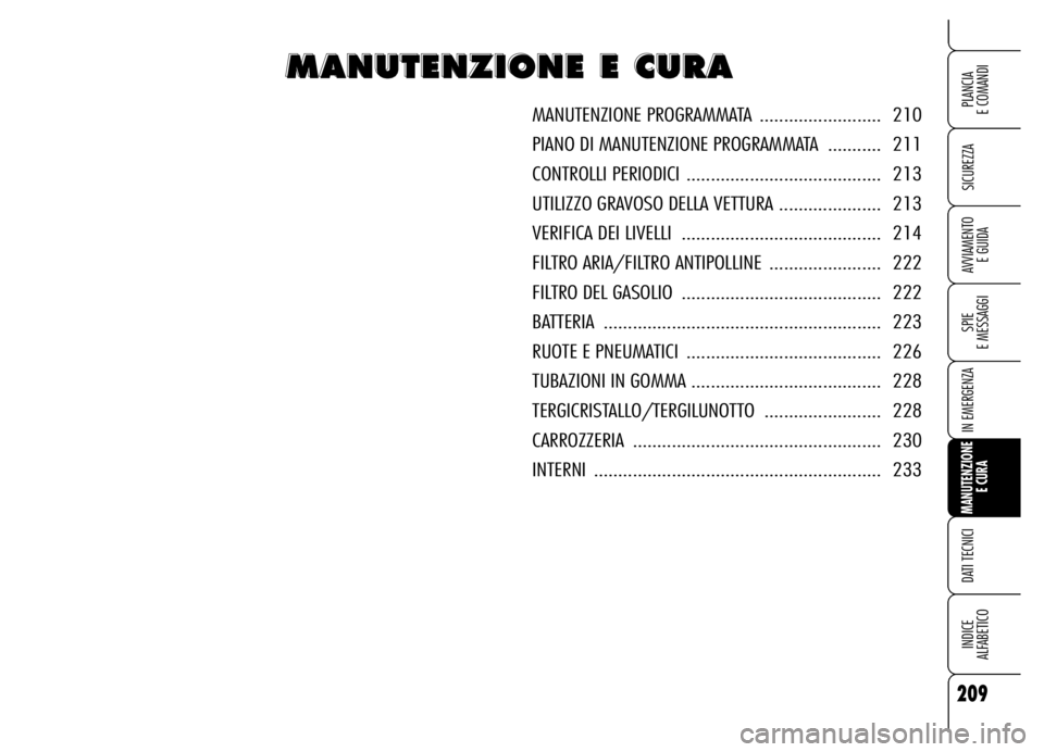 Alfa Romeo Brera/Spider 2006  Libretto Uso Manutenzione (in Italian) 209
SICUREZZA
SPIE 
E MESSAGGI
IN EMERGENZA
MANUTENZIONE
E CURA
DATI TECNICI
INDICE 
ALFABETICO
PLANCIA 
E COMANDI
AVVIAMENTO 
E GUIDA
M M M M
A A A A
N N N N
U U U U
T T T T
E E E E
N N N N
Z Z Z Z
I