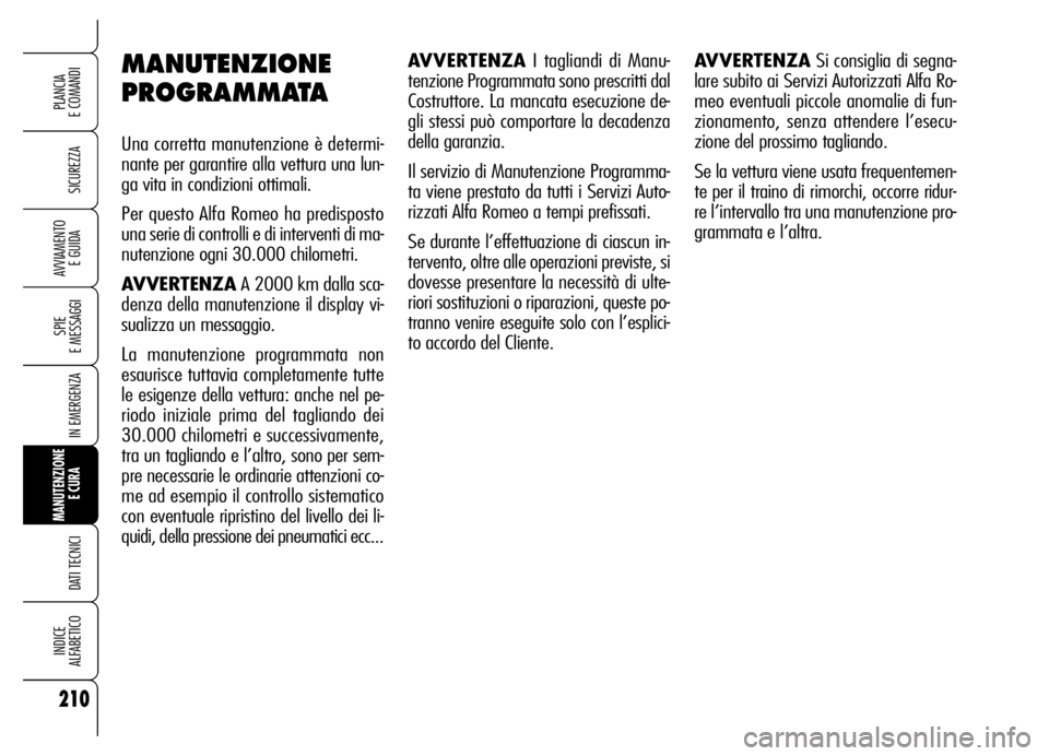 Alfa Romeo Brera/Spider 2006  Libretto Uso Manutenzione (in Italian) 210
SICUREZZA
SPIE 
E MESSAGGI
IN EMERGENZA
MANUTENZIONE
E CURA 
DATI TECNICI
INDICE 
ALFABETICO
PLANCIA 
E COMANDI
AVVIAMENTO 
E GUIDA
MANUTENZIONE
PROGRAMMATA
Una corretta manutenzione è determi-
n