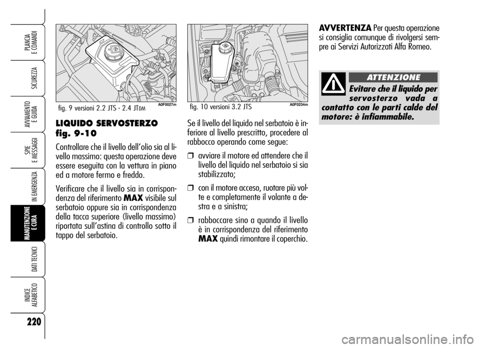 Alfa Romeo Brera/Spider 2006  Libretto Uso Manutenzione (in Italian) 220
SICUREZZA
SPIE 
E MESSAGGI
IN EMERGENZA
MANUTENZIONE
E CURA 
DATI TECNICI
INDICE 
ALFABETICO
PLANCIA 
E COMANDI
AVVIAMENTO 
E GUIDALIQUIDO SERVOSTERZO 
fig. 9-10
Controllare che il livello dell’
