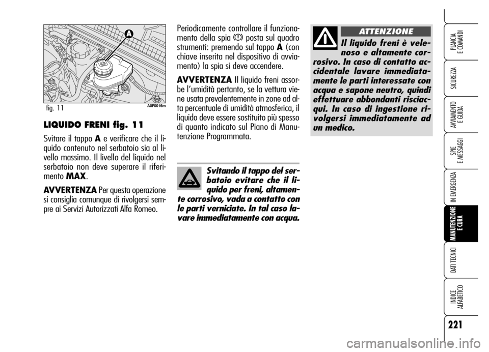 Alfa Romeo Brera/Spider 2006  Libretto Uso Manutenzione (in Italian) 221
SICUREZZA
SPIE 
E MESSAGGI
IN EMERGENZA
MANUTENZIONE
E CURA
DATI TECNICI
INDICE 
ALFABETICO
PLANCIA 
E COMANDI
AVVIAMENTO 
E GUIDA
Il liquido freni è vele-
noso e altamente cor-
rosivo. In caso d
