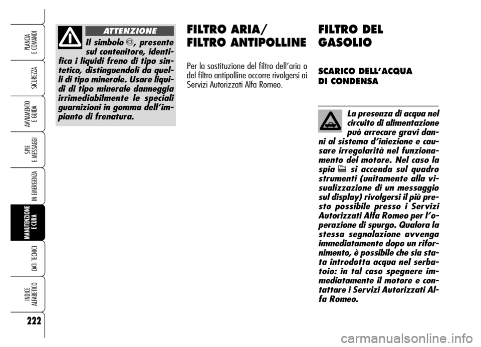 Alfa Romeo Brera/Spider 2006  Libretto Uso Manutenzione (in Italian) 222
SICUREZZA
SPIE 
E MESSAGGI
IN EMERGENZA
MANUTENZIONE
E CURA 
DATI TECNICI
INDICE 
ALFABETICO
PLANCIA 
E COMANDI
AVVIAMENTO 
E GUIDA
Il simbolo π, presente
sul contenitore, identi-
fica i liquidi 
