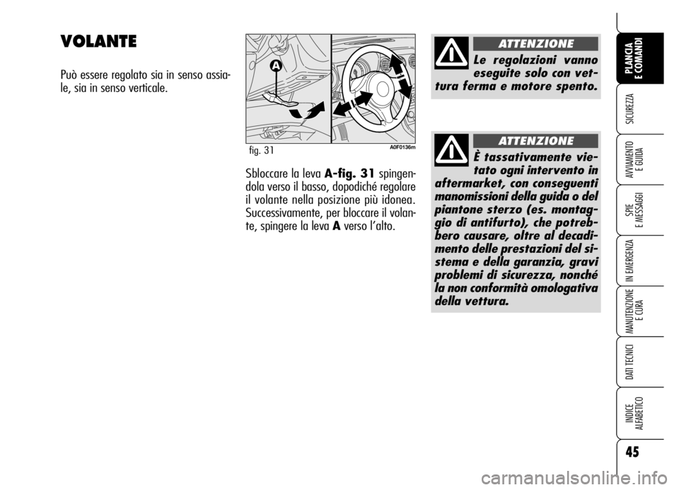 Alfa Romeo Brera/Spider 2006 Libretto Uso Manutenzione (in Italian) 45
SICUREZZA
SPIE
E MESSAGGI
IN EMERGENZA
MANUTENZIONE
E CURA
DATI TECNICI
INDICE
ALFABETICO
PLANCIA
E COMANDI
AVVIAMENTO
E GUIDA
VOLANTE
Può essere regolato sia in senso assia-
le, sia in senso Alfa Romeo Brera/Spider 2006 Libretto Uso Manutenzione (in Italian) 45
SICUREZZA
SPIE
E MESSAGGI
IN EMERGENZA
MANUTENZIONE
E CURA
DATI TECNICI
INDICE
ALFABETICO
PLANCIA
E COMANDI
AVVIAMENTO
E GUIDA
VOLANTE
Può essere regolato sia in senso assia-
le, sia in senso