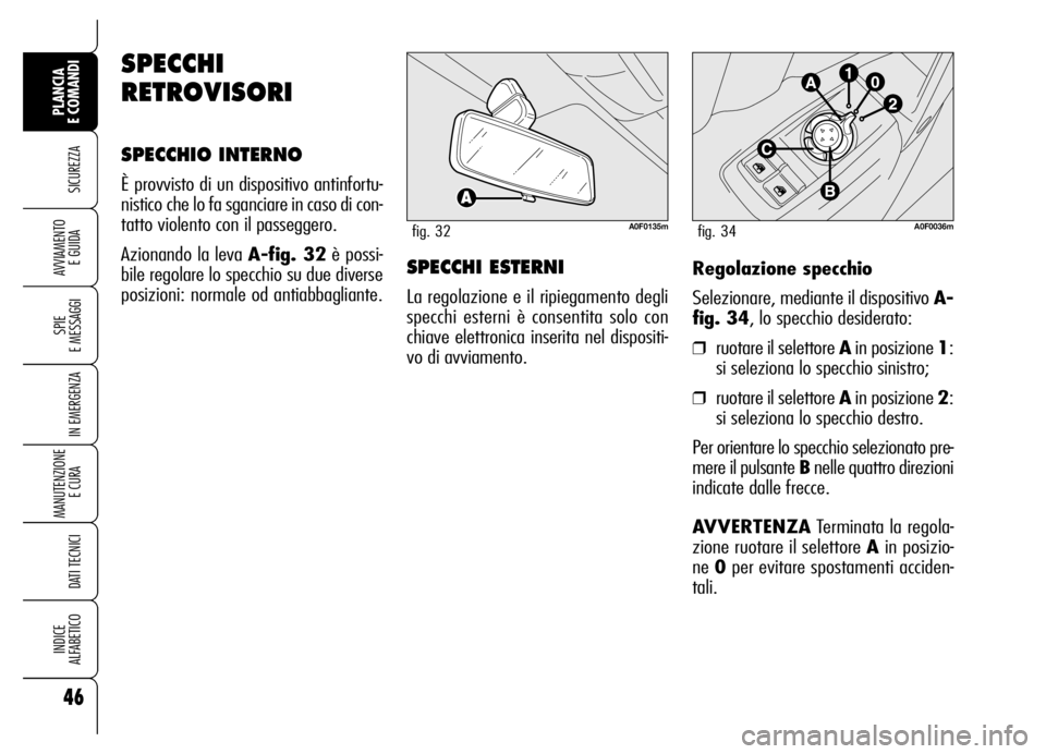 Alfa Romeo Brera/Spider 2006 Libretto Uso Manutenzione (in Italian) 46
SICUREZZA
SPIE
E MESSAGGI
IN EMERGENZA
MANUTENZIONE
E CURA
DATI TECNICI
INDICE
ALFABETICO
PLANCIA
E COMANDI
AVVIAMENTO
E GUIDARegolazione specchio
Selezionare, mediante il dispositivo A-
fig. Alfa Romeo Brera/Spider 2006 Libretto Uso Manutenzione (in Italian) 46
SICUREZZA
SPIE
E MESSAGGI
IN EMERGENZA
MANUTENZIONE
E CURA
DATI TECNICI
INDICE
ALFABETICO
PLANCIA
E COMANDI
AVVIAMENTO
E GUIDARegolazione specchio
Selezionare, mediante il dispositivo A-
fig.