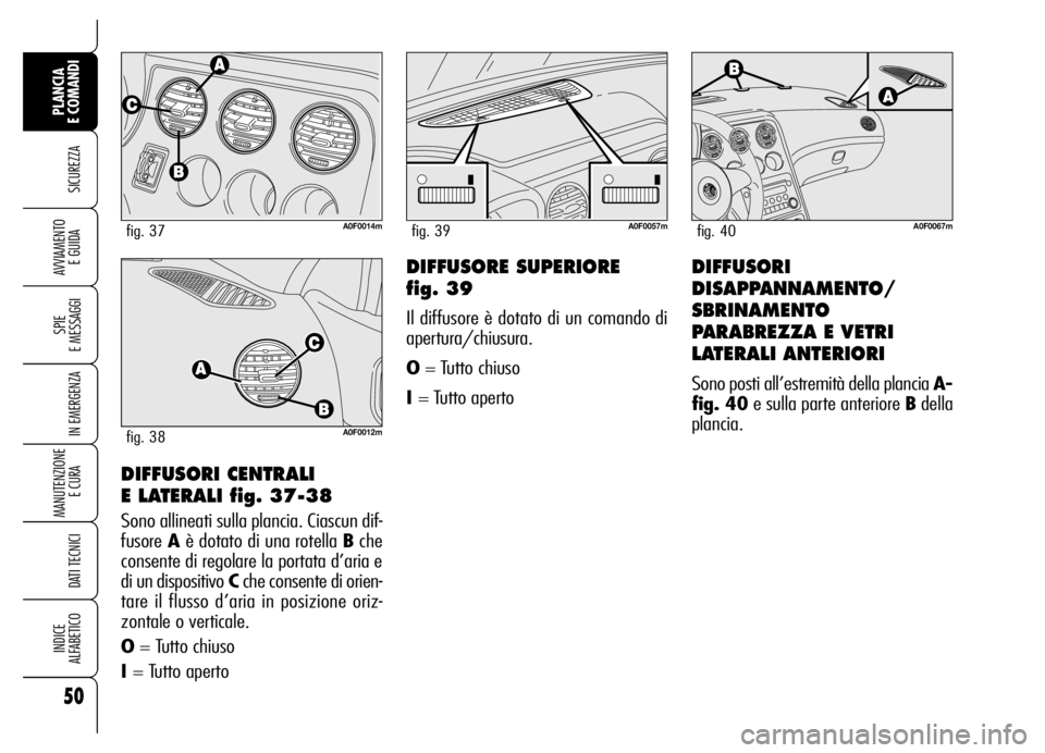 Alfa Romeo Brera/Spider 2006 Libretto Uso Manutenzione (in Italian) 50
SICUREZZA
SPIE
E MESSAGGI
IN EMERGENZA
MANUTENZIONE
E CURA
DATI TECNICI
INDICE
ALFABETICO
PLANCIA
E COMANDI
AVVIAMENTO
E GUIDA
DIFFUSORI CENTRALI
E LATERALI fig. 37-38
Sono allineati sulla pl Alfa Romeo Brera/Spider 2006 Libretto Uso Manutenzione (in Italian) 50
SICUREZZA
SPIE
E MESSAGGI
IN EMERGENZA
MANUTENZIONE
E CURA
DATI TECNICI
INDICE
ALFABETICO
PLANCIA
E COMANDI
AVVIAMENTO
E GUIDA
DIFFUSORI CENTRALI
E LATERALI fig. 37-38
Sono allineati sulla pl