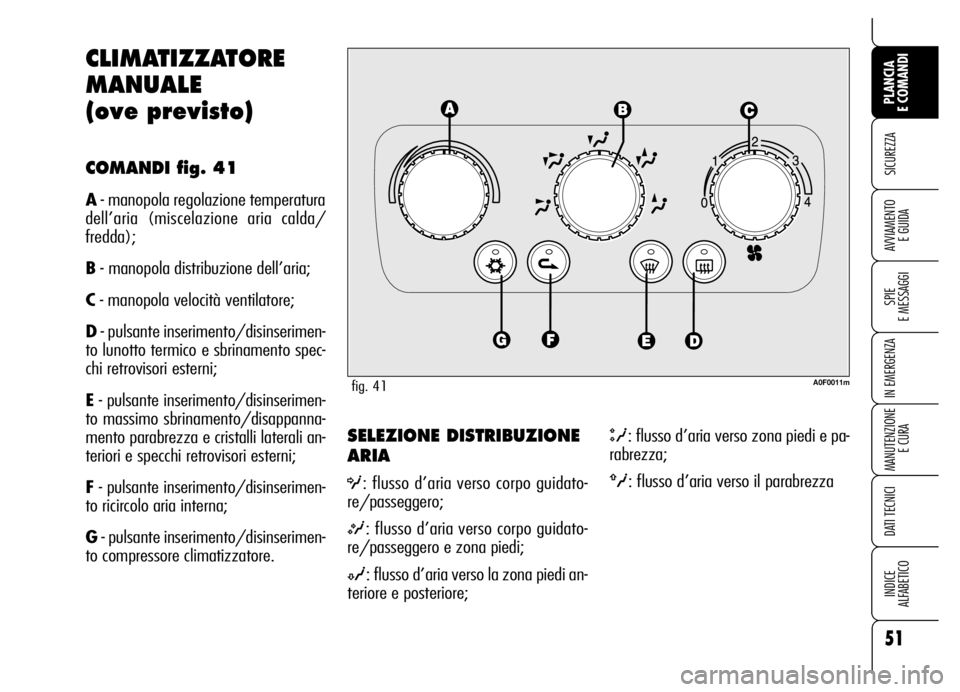 Alfa Romeo Brera/Spider 2006 Libretto Uso Manutenzione (in Italian) 51
SICUREZZA
SPIE
E MESSAGGI
IN EMERGENZA
MANUTENZIONE
E CURA
DATI TECNICI
INDICE
ALFABETICO
PLANCIA
E COMANDI
AVVIAMENTO
E GUIDA
SELEZIONE DISTRIBUZIONE
ARIA
O: flusso d’aria verso corpo guidat Alfa Romeo Brera/Spider 2006 Libretto Uso Manutenzione (in Italian) 51
SICUREZZA
SPIE
E MESSAGGI
IN EMERGENZA
MANUTENZIONE
E CURA
DATI TECNICI
INDICE
ALFABETICO
PLANCIA
E COMANDI
AVVIAMENTO
E GUIDA
SELEZIONE DISTRIBUZIONE
ARIA
O: flusso d’aria verso corpo guidat