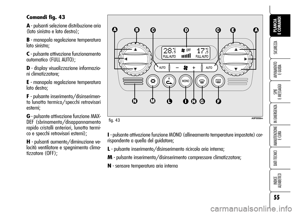 Alfa Romeo Brera/Spider 2006 Libretto Uso Manutenzione (in Italian) 55
SICUREZZA
SPIE
E MESSAGGI
IN EMERGENZA
MANUTENZIONE
E CURA
DATI TECNICI
INDICE
ALFABETICO
PLANCIA
E COMANDI
AVVIAMENTO
E GUIDA
I - pulsante attivazione funzione MONO (allineamento temperature i Alfa Romeo Brera/Spider 2006 Libretto Uso Manutenzione (in Italian) 55
SICUREZZA
SPIE
E MESSAGGI
IN EMERGENZA
MANUTENZIONE
E CURA
DATI TECNICI
INDICE
ALFABETICO
PLANCIA
E COMANDI
AVVIAMENTO
E GUIDA
I - pulsante attivazione funzione MONO (allineamento temperature i