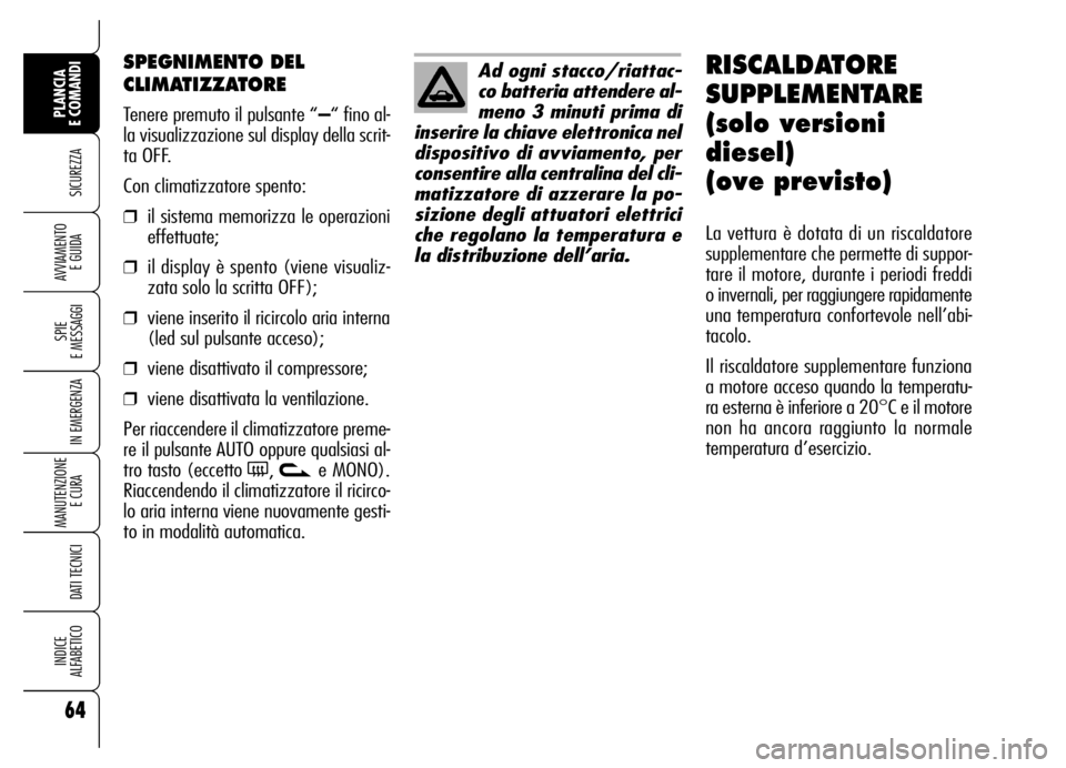 Alfa Romeo Brera/Spider 2006  Libretto Uso Manutenzione (in Italian) 64
SICUREZZA
SPIE 
E MESSAGGI
IN EMERGENZA
MANUTENZIONE
E CURA 
DATI TECNICI
INDICE 
ALFABETICO
PLANCIA 
E COMANDI
AVVIAMENTO 
E GUIDA
SPEGNIMENTO DEL
CLIMATIZZATORE
Tenere premuto il pulsante “–