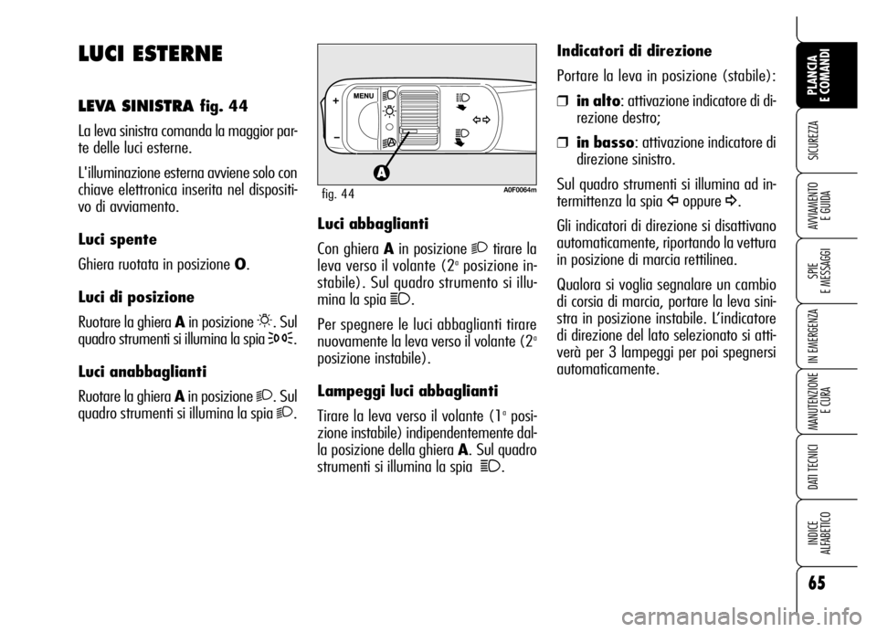 Alfa Romeo Brera/Spider 2006  Libretto Uso Manutenzione (in Italian) 65
SICUREZZA
SPIE 
E MESSAGGI
IN EMERGENZA
MANUTENZIONE
E CURA
DATI TECNICI
INDICE 
ALFABETICO
PLANCIA 
E COMANDI
AVVIAMENTO 
E GUIDA
LUCI ESTERNE
LEVA SINISTRA fig. 44
La leva sinistra comanda la mag