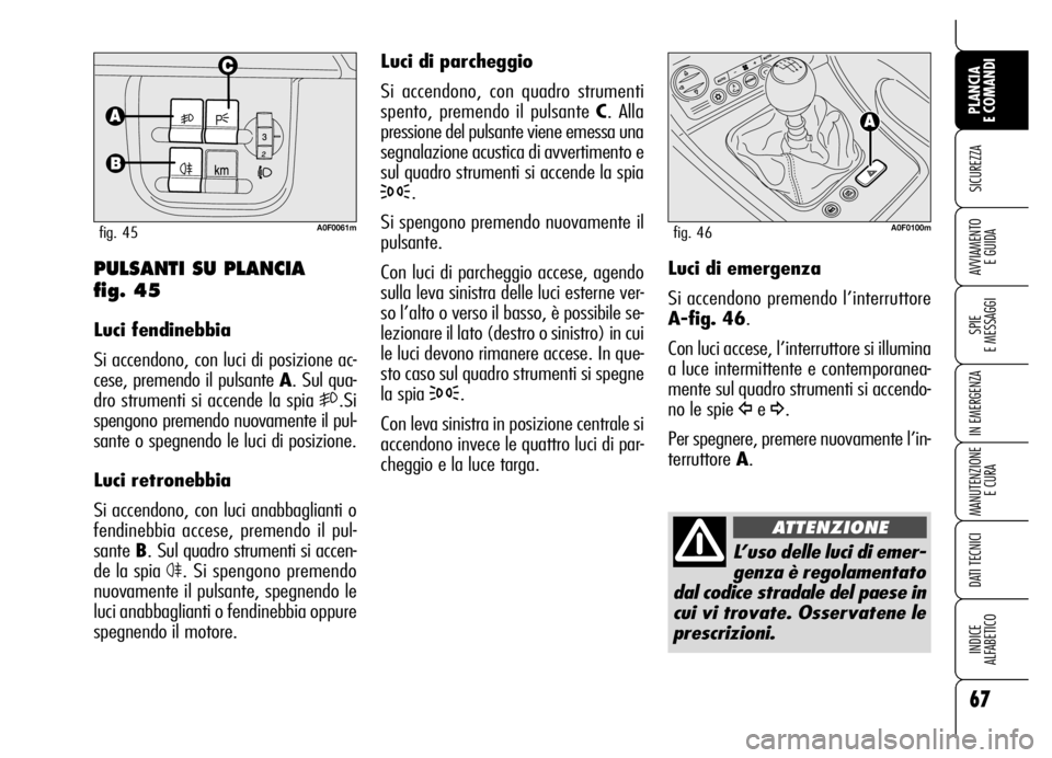 Alfa Romeo Brera/Spider 2006  Libretto Uso Manutenzione (in Italian) 67
SICUREZZA
SPIE 
E MESSAGGI
IN EMERGENZA
MANUTENZIONE
E CURA
DATI TECNICI
INDICE 
ALFABETICO
PLANCIA 
E COMANDI
AVVIAMENTO 
E GUIDA
Luci di parcheggio
Si accendono, con quadro strumenti
spento, prem