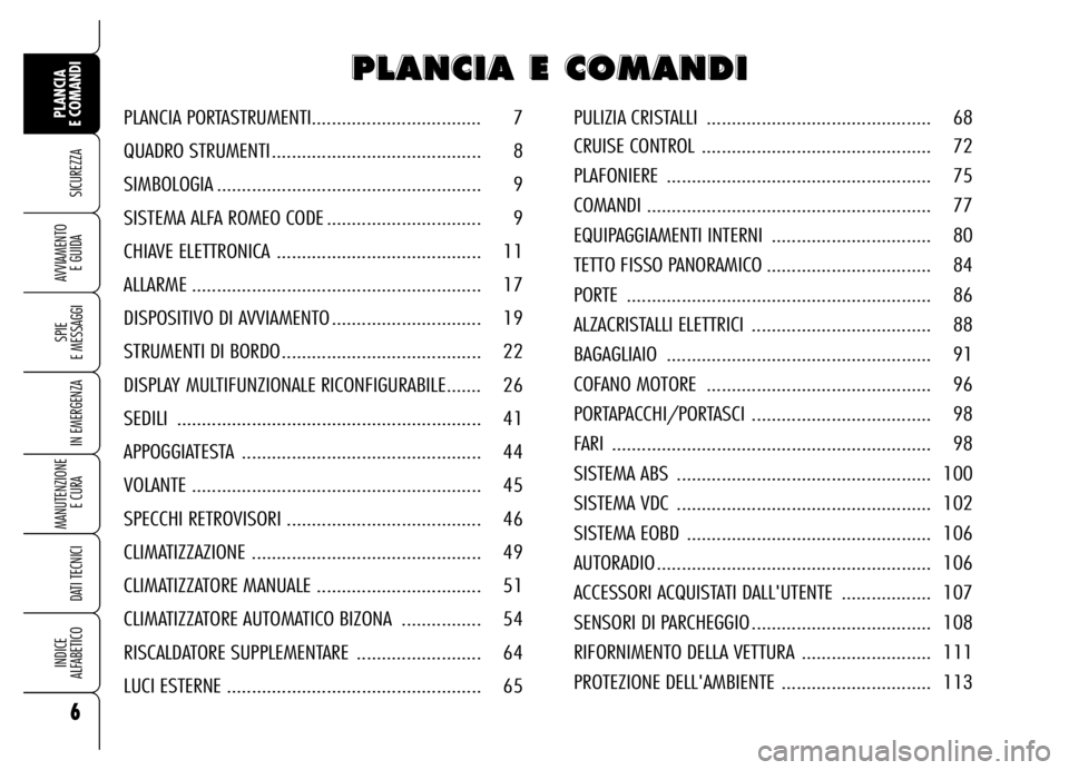 Alfa Romeo Brera/Spider 2006 Libretto Uso Manutenzione (in Italian) 6
SICUREZZA
SPIE
E MESSAGGI
IN EMERGENZA
MANUTENZIONE
E CURA
DATI TECNICI
INDICE
ALFABETICO
PLANCIA
E COMANDI
AVVIAMENTO
E GUIDA
P P P P
L L L L
A A A A
N N N N
C C C C
I I I I
A A A A
E Alfa Romeo Brera/Spider 2006 Libretto Uso Manutenzione (in Italian) 6
SICUREZZA
SPIE
E MESSAGGI
IN EMERGENZA
MANUTENZIONE
E CURA
DATI TECNICI
INDICE
ALFABETICO
PLANCIA
E COMANDI
AVVIAMENTO
E GUIDA
P P P P
L L L L
A A A A
N N N N
C C C C
I I I I
A A A A
E