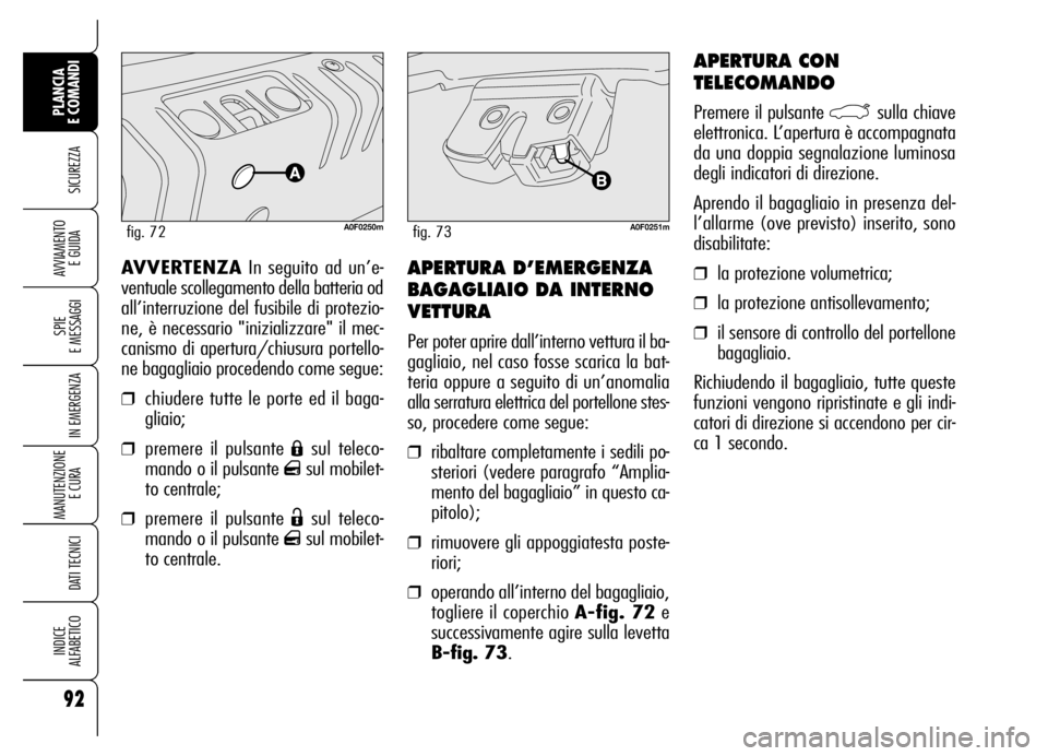 Alfa Romeo Brera/Spider 2006  Libretto Uso Manutenzione (in Italian) 92
SICUREZZA
SPIE 
E MESSAGGI
IN EMERGENZA
MANUTENZIONE
E CURA 
DATI TECNICI
INDICE 
ALFABETICO
PLANCIA 
E COMANDI
AVVIAMENTO 
E GUIDAAPERTURA D’EMERGENZA
BAGAGLIAIO DA INTERNO
VETTURA
Per poter apr