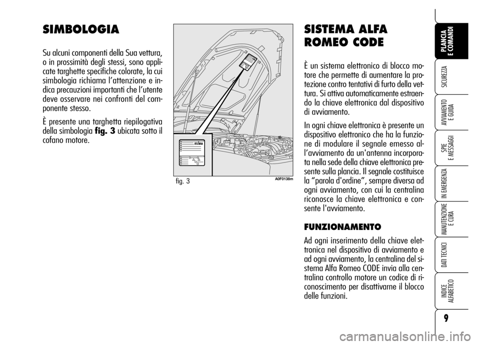 Alfa Romeo Brera/Spider 2007  Libretto Uso Manutenzione (in Italian) SISTEMA ALFA
ROMEO CODE
È un sistema elettronico di blocco mo-
tore che permette di aumentare la pro-
tezione contro tentativi di furto della vet-
tura. Si attiva automaticamente estraen-
do la chiav