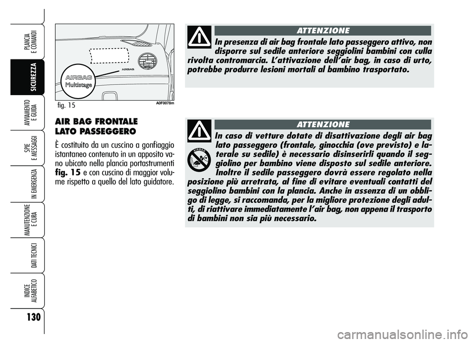 Alfa Romeo Brera/Spider 2007 Libretto Uso Manutenzione (in Italian) 130
SICUREZZA SPIE
E MESSAGGI
IN EMERGENZA
MANUTENZIONE
E CURA
DATI TECNICI
INDICE
ALFABETICO
PLANCIA
E COMANDI
AVVIAMENTO
E GUIDA
In caso di vetture dotate di disattivazione degli air bag
lato p Alfa Romeo Brera/Spider 2007 Libretto Uso Manutenzione (in Italian) 130
SICUREZZA SPIE
E MESSAGGI
IN EMERGENZA
MANUTENZIONE
E CURA
DATI TECNICI
INDICE
ALFABETICO
PLANCIA
E COMANDI
AVVIAMENTO
E GUIDA
In caso di vetture dotate di disattivazione degli air bag
lato p