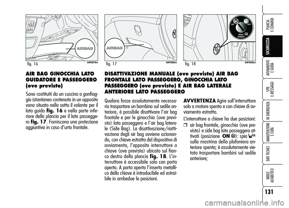 Alfa Romeo Brera/Spider 2007 Libretto Uso Manutenzione (in Italian) 131
SICUREZZA
SPIE
E MESSAGGI
IN EMERGENZA
MANUTENZIONE
E CURA
DATI TECNICI
INDICE
ALFABETICO
PLANCIA
E COMANDI
AVVIAMENTO
E GUIDADISATTIVAZIONE MANUALE (ove prevista) AIR BAG
FRONTALE LATO PASSE Alfa Romeo Brera/Spider 2007 Libretto Uso Manutenzione (in Italian) 131
SICUREZZA
SPIE
E MESSAGGI
IN EMERGENZA
MANUTENZIONE
E CURA
DATI TECNICI
INDICE
ALFABETICO
PLANCIA
E COMANDI
AVVIAMENTO
E GUIDADISATTIVAZIONE MANUALE (ove prevista) AIR BAG
FRONTALE LATO PASSE