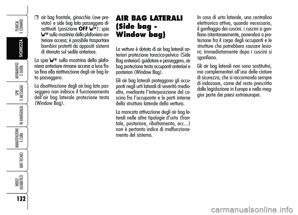 Alfa Romeo Brera/Spider 2007  Libretto Uso Manutenzione (in Italian) 132
SICUREZZA SPIE 
E MESSAGGI
IN EMERGENZA
MANUTENZIONE
E CURA 
DATI TECNICI
INDICE 
ALFABETICO
PLANCIA 
E COMANDI
AVVIAMENTO 
E GUIDA
❒air bag frontale, ginocchia (ove pre-
visto) e side bag lato 