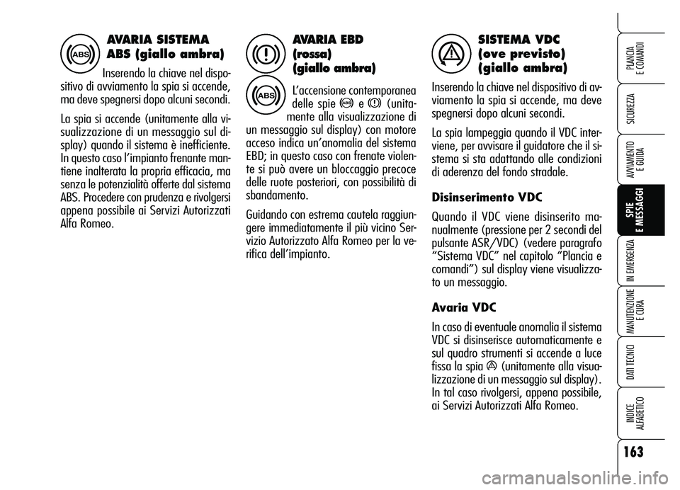 Alfa Romeo Brera/Spider 2007 Libretto Uso Manutenzione (in Italian) 163
SICUREZZA
SPIE
E MESSAGGI IN EMERGENZA
MANUTENZIONE
E CURA
DATI TECNICI
INDICE
ALFABETICO
PLANCIA
E COMANDI
AVVIAMENTO
E GUIDA
AVARIA EBD
(rossa)
(giallo ambra)
L’accensione contemporanea
d Alfa Romeo Brera/Spider 2007 Libretto Uso Manutenzione (in Italian) 163
SICUREZZA
SPIE
E MESSAGGI IN EMERGENZA
MANUTENZIONE
E CURA
DATI TECNICI
INDICE
ALFABETICO
PLANCIA
E COMANDI
AVVIAMENTO
E GUIDA
AVARIA EBD
(rossa)
(giallo ambra)
L’accensione contemporanea
d