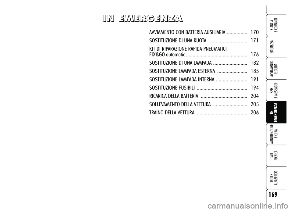 Alfa Romeo Brera/Spider 2007 Libretto Uso Manutenzione (in Italian) 169
SICUREZZA
SPIE
E MESSAGGI
IN
EMERGENZA MANUTENZIONE
E CURA
DATI
TECNICI
INDICE
ALFABETICO
PLANCIA
E COMANDI
AVVIAMENTO
E GUIDA
I I I I
N N N N
E E E E
M M M M
E E E E
R R R R
G G G G Alfa Romeo Brera/Spider 2007 Libretto Uso Manutenzione (in Italian) 169
SICUREZZA
SPIE
E MESSAGGI
IN
EMERGENZA MANUTENZIONE
E CURA
DATI
TECNICI
INDICE
ALFABETICO
PLANCIA
E COMANDI
AVVIAMENTO
E GUIDA
I I I I
N N N N
E E E E
M M M M
E E E E
R R R R
G G G G