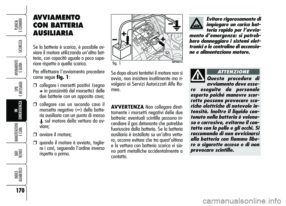 Alfa Romeo Brera/Spider 2007  Libretto Uso Manutenzione (in Italian) 170
SICUREZZA
SPIE 
E MESSAGGI
IN
EMERGENZA MANUTENZIONE
E CURA 
DATI
TECNICI
INDICE 
ALFABETICO
PLANCIA 
E COMANDI
AVVIAMENTO 
E GUIDA
AVVERTENZANon collegare diret-
tamente i morsetti negativi delle