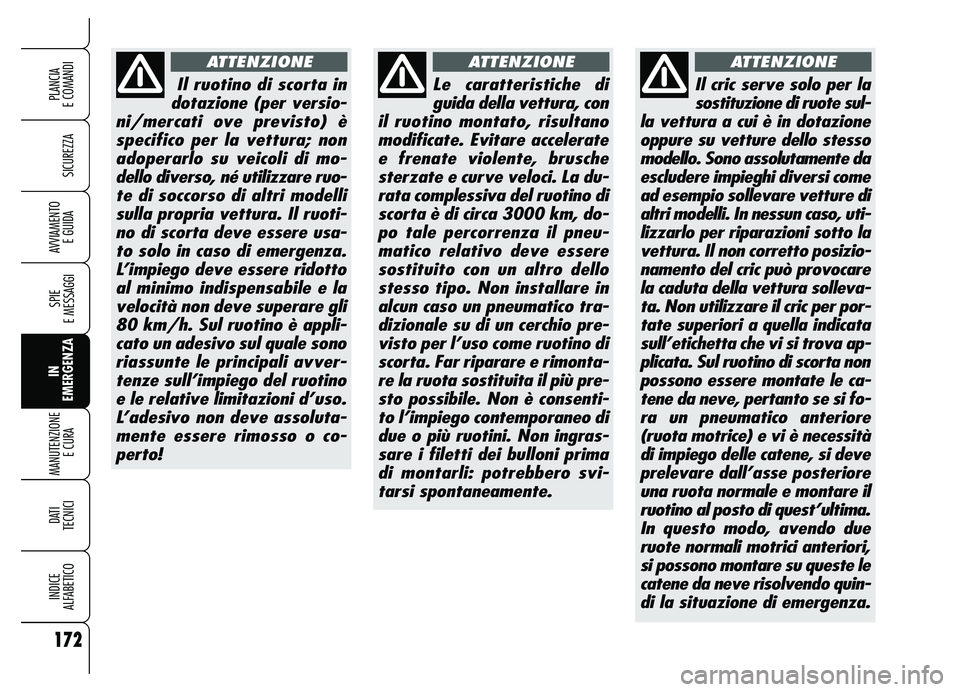 Alfa Romeo Brera/Spider 2007 Libretto Uso Manutenzione (in Italian) 172
SICUREZZA
SPIE
E MESSAGGI
IN
EMERGENZA MANUTENZIONE
E CURA
DATI
TECNICI
INDICE
ALFABETICO
PLANCIA
E COMANDI
AVVIAMENTO
E GUIDA
Il ruotino di scorta in
dotazione (per versio-
ni/mercati ove pr Alfa Romeo Brera/Spider 2007 Libretto Uso Manutenzione (in Italian) 172
SICUREZZA
SPIE
E MESSAGGI
IN
EMERGENZA MANUTENZIONE
E CURA
DATI
TECNICI
INDICE
ALFABETICO
PLANCIA
E COMANDI
AVVIAMENTO
E GUIDA
Il ruotino di scorta in
dotazione (per versio-
ni/mercati ove pr