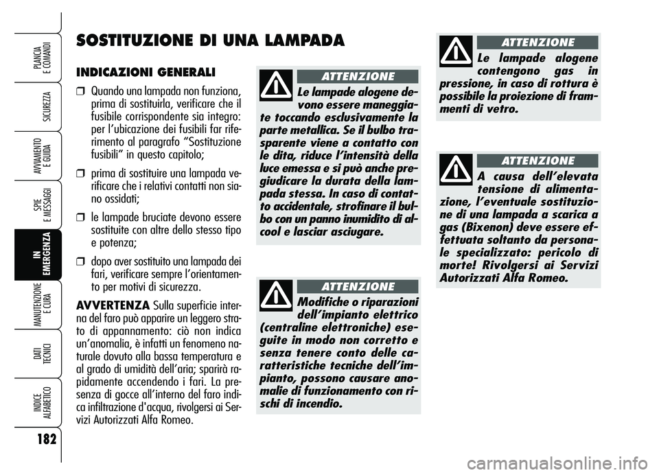 Alfa Romeo Brera/Spider 2007 Libretto Uso Manutenzione (in Italian) 182
SICUREZZA
SPIE
E MESSAGGI
IN
EMERGENZA MANUTENZIONE
E CURA
DATI
TECNICI
INDICE
ALFABETICO
PLANCIA
E COMANDI
AVVIAMENTO
E GUIDA
INDICAZIONI GENERALI
❒Quando una lampada non funziona,
prima d Alfa Romeo Brera/Spider 2007 Libretto Uso Manutenzione (in Italian) 182
SICUREZZA
SPIE
E MESSAGGI
IN
EMERGENZA MANUTENZIONE
E CURA
DATI
TECNICI
INDICE
ALFABETICO
PLANCIA
E COMANDI
AVVIAMENTO
E GUIDA
INDICAZIONI GENERALI
❒Quando una lampada non funziona,
prima d
