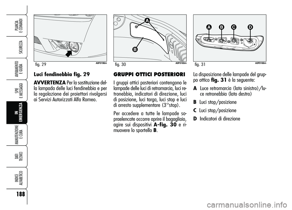 Alfa Romeo Brera/Spider 2007 Libretto Uso Manutenzione (in Italian) 188
SICUREZZA
SPIE
E MESSAGGI
IN
EMERGENZA MANUTENZIONE
E CURA
DATI
TECNICI
INDICE
ALFABETICO
PLANCIA
E COMANDI
AVVIAMENTO
E GUIDAGRUPPI OTTICI POSTERIORI
I gruppi ottici posteriori contengono le Alfa Romeo Brera/Spider 2007 Libretto Uso Manutenzione (in Italian) 188
SICUREZZA
SPIE
E MESSAGGI
IN
EMERGENZA MANUTENZIONE
E CURA
DATI
TECNICI
INDICE
ALFABETICO
PLANCIA
E COMANDI
AVVIAMENTO
E GUIDAGRUPPI OTTICI POSTERIORI
I gruppi ottici posteriori contengono le