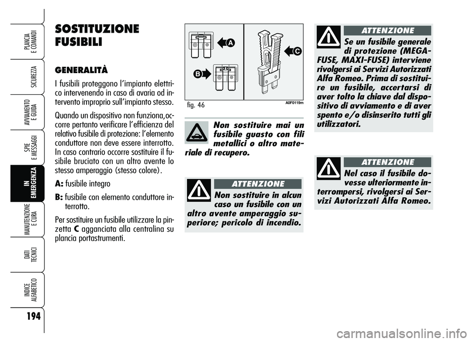 Alfa Romeo Brera/Spider 2007 Libretto Uso Manutenzione (in Italian) 194
SICUREZZA
SPIE
E MESSAGGI
IN
EMERGENZA MANUTENZIONE
E CURA
DATI
TECNICI
INDICE
ALFABETICO
PLANCIA
E COMANDI
AVVIAMENTO
E GUIDA
A0F0119mfig. 46
Non sostituire mai un
fusibile guasto con fili
m Alfa Romeo Brera/Spider 2007 Libretto Uso Manutenzione (in Italian) 194
SICUREZZA
SPIE
E MESSAGGI
IN
EMERGENZA MANUTENZIONE
E CURA
DATI
TECNICI
INDICE
ALFABETICO
PLANCIA
E COMANDI
AVVIAMENTO
E GUIDA
A0F0119mfig. 46
Non sostituire mai un
fusibile guasto con fili
m