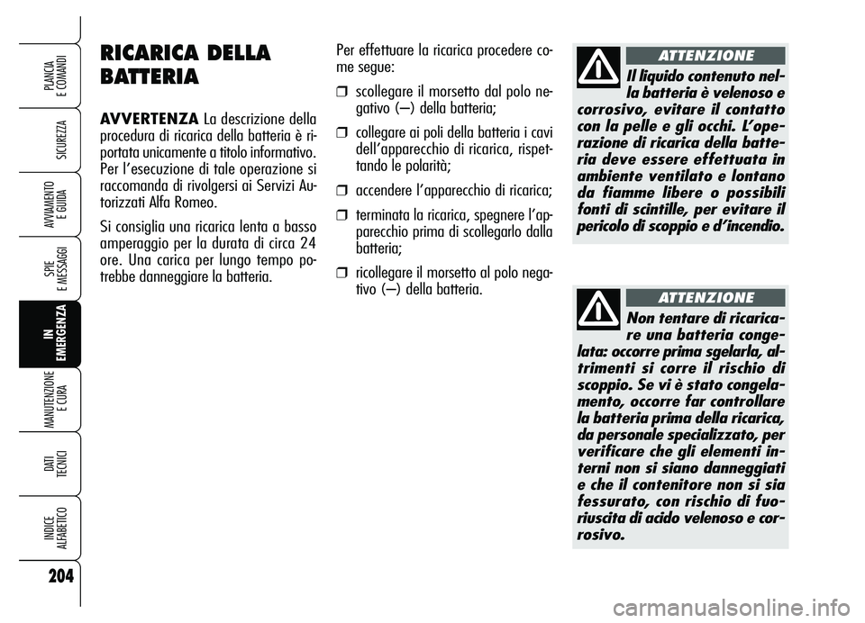 Alfa Romeo Brera/Spider 2007 Libretto Uso Manutenzione (in Italian) 204
SICUREZZA
SPIE
E MESSAGGI
IN
EMERGENZA MANUTENZIONE
E CURA
DATI
TECNICI
INDICE
ALFABETICO
PLANCIA
E COMANDI
AVVIAMENTO
E GUIDA
RICARICA DELLA
BATTERIA
AVVERTENZALa descrizione della
procedura Alfa Romeo Brera/Spider 2007 Libretto Uso Manutenzione (in Italian) 204
SICUREZZA
SPIE
E MESSAGGI
IN
EMERGENZA MANUTENZIONE
E CURA
DATI
TECNICI
INDICE
ALFABETICO
PLANCIA
E COMANDI
AVVIAMENTO
E GUIDA
RICARICA DELLA
BATTERIA
AVVERTENZALa descrizione della
procedura