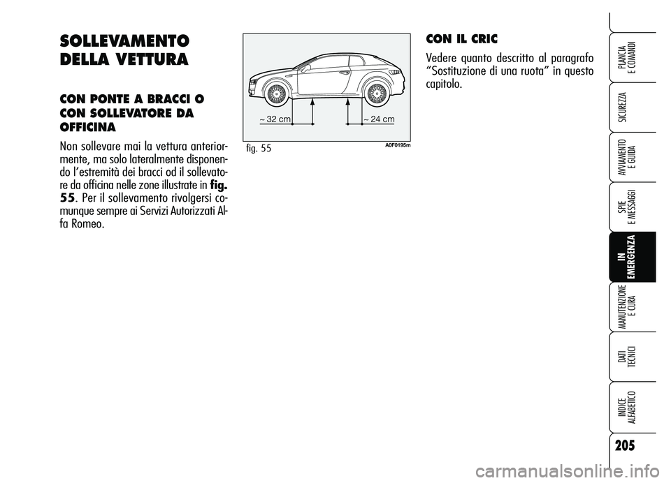 Alfa Romeo Brera/Spider 2007 Libretto Uso Manutenzione (in Italian) 205
SICUREZZA
SPIE
E MESSAGGI
IN
EMERGENZA MANUTENZIONE
E CURA
DATI
TECNICI
INDICE
ALFABETICO
PLANCIA
E COMANDI
AVVIAMENTO
E GUIDA
SOLLEVAMENTO
DELLA VETTURA
CON PONTE A BRACCI O
CON SOLLEVATORE Alfa Romeo Brera/Spider 2007 Libretto Uso Manutenzione (in Italian) 205
SICUREZZA
SPIE
E MESSAGGI
IN
EMERGENZA MANUTENZIONE
E CURA
DATI
TECNICI
INDICE
ALFABETICO
PLANCIA
E COMANDI
AVVIAMENTO
E GUIDA
SOLLEVAMENTO
DELLA VETTURA
CON PONTE A BRACCI O
CON SOLLEVATORE