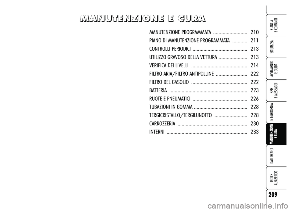 Alfa Romeo Brera/Spider 2007  Libretto Uso Manutenzione (in Italian) 209
SICUREZZA
SPIE 
E MESSAGGI
IN EMERGENZA
MANUTENZIONE
E CURA
DATI TECNICI
INDICE 
ALFABETICO
PLANCIA 
E COMANDI
AVVIAMENTO 
E GUIDA
M M M M
A A A A
N N N N
U U U U
T T T T
E E E E
N N N N
Z Z Z Z
I