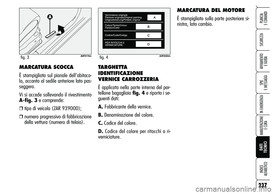 Alfa Romeo Brera/Spider 2007 Libretto Uso Manutenzione (in Italian) TARGHETTA
IDENTIFICAZIONE
VERNICE CARROZZERIA
È applicata nella parte interna del por-
tellone bagagliaio fig. 4e riporta i se-
guenti dati:
A.Fabbricante della vernice.
B.Denominazione del colore.
Alfa Romeo Brera/Spider 2007 Libretto Uso Manutenzione (in Italian) TARGHETTA
IDENTIFICAZIONE
VERNICE CARROZZERIA
È applicata nella parte interna del por-
tellone bagagliaio fig. 4e riporta i se-
guenti dati:
A.Fabbricante della vernice.
B.Denominazione del colore.