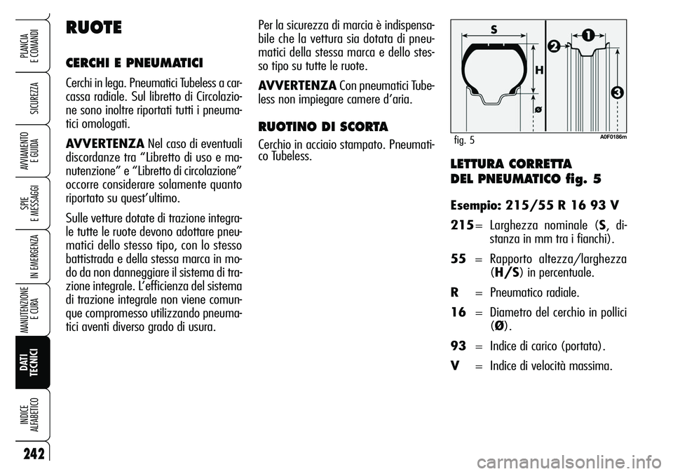 Alfa Romeo Brera/Spider 2007 Libretto Uso Manutenzione (in Italian) LETTURA CORRETTA
DEL PNEUMATICO fig. 5
Esempio: 215/55 R 16 93 V
215= Larghezza nominale (S, di-
stanza in mm tra i fianchi).
55= Rapporto altezza/larghezza
(H/S) in percentuale.
R= Pneumatico radial Alfa Romeo Brera/Spider 2007 Libretto Uso Manutenzione (in Italian) LETTURA CORRETTA
DEL PNEUMATICO fig. 5
Esempio: 215/55 R 16 93 V
215= Larghezza nominale (S, di-
stanza in mm tra i fianchi).
55= Rapporto altezza/larghezza
(H/S) in percentuale.
R= Pneumatico radial