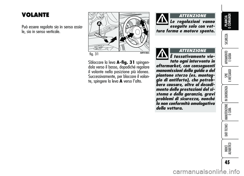 Alfa Romeo Brera/Spider 2007 Libretto Uso Manutenzione (in Italian) 45
SICUREZZA
SPIE
E MESSAGGI
IN EMERGENZA
MANUTENZIONE
E CURA
DATI TECNICI
INDICE
ALFABETICO
PLANCIA
E COMANDI
AVVIAMENTO
E GUIDA
VOLANTE
Può essere regolato sia in senso assia-
le, sia in senso Alfa Romeo Brera/Spider 2007 Libretto Uso Manutenzione (in Italian) 45
SICUREZZA
SPIE
E MESSAGGI
IN EMERGENZA
MANUTENZIONE
E CURA
DATI TECNICI
INDICE
ALFABETICO
PLANCIA
E COMANDI
AVVIAMENTO
E GUIDA
VOLANTE
Può essere regolato sia in senso assia-
le, sia in senso