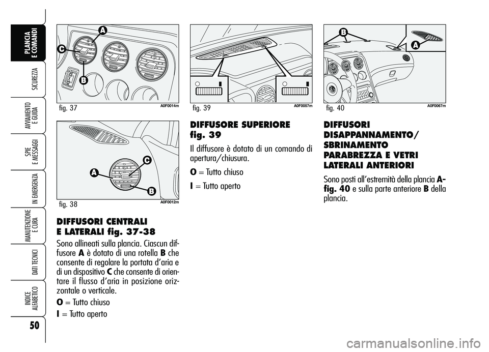 Alfa Romeo Brera/Spider 2007  Libretto Uso Manutenzione (in Italian) 50
SICUREZZA
SPIE 
E MESSAGGI
IN EMERGENZA
MANUTENZIONE
E CURA 
DATI TECNICI
INDICE 
ALFABETICO
PLANCIA 
E COMANDI
AVVIAMENTO 
E GUIDA
DIFFUSORI CENTRALI 
E LATERALI fig. 37-38
Sono allineati sulla pl
