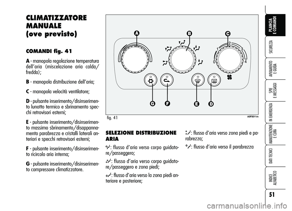 Alfa Romeo Brera/Spider 2007  Libretto Uso Manutenzione (in Italian) 51
SICUREZZA
SPIE 
E MESSAGGI
IN EMERGENZA
MANUTENZIONE
E CURA
DATI TECNICI
INDICE 
ALFABETICO
PLANCIA 
E COMANDI
AVVIAMENTO 
E GUIDA
SELEZIONE DISTRIBUZIONE
ARIA
O: flusso d’aria verso corpo guidat